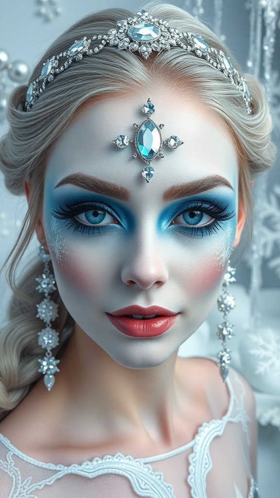 Ice Queen makeup with blue and silver tones, rhinestones, and winter-themed background.